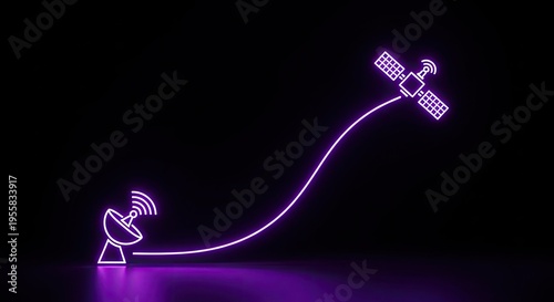 Neon lit satellite dish connecting to a satellite in space