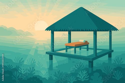 Relaxing spa hut on water with sunset view over mountains and ocean in a tropical location