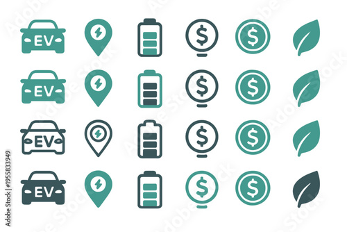 Icons representing electric vehicles, charging stations, batteries, and eco-friendly symbols displayed in a grid format for educational purposes