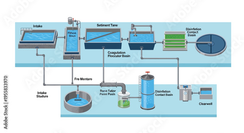 Diagram illustrating a typical water purification and treatment process workflow