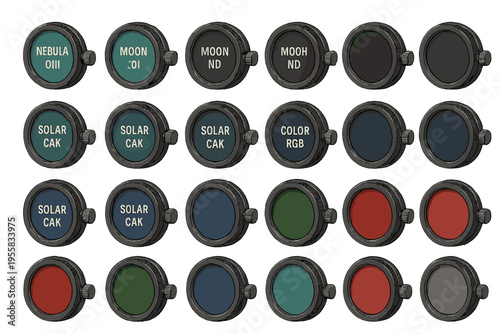 Different colored filters on display for telescope use at an observation site during daylight hours