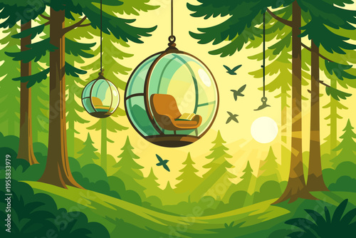 Hanging chairs in glass spheres under trees with sunlight shining through leaves in a forest scene