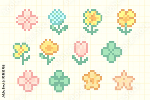 Colorful pixel flowers in different shapes and sizes on a light grid background showing a variety of designs