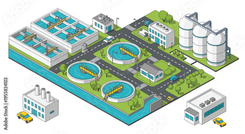 Isometric illustration of a modern water treatment and purification facility