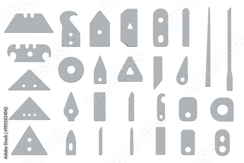 Different types of blades and tools arranged in a grid on neutral background showing their shapes and sizes for various uses
