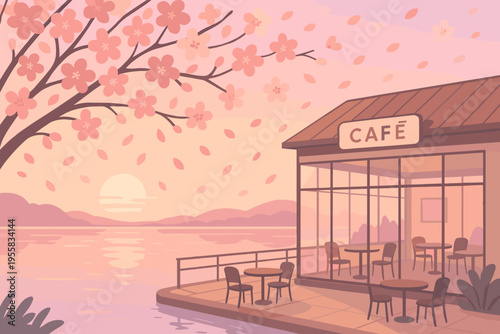 Coffee spot by the lake with cherry blossoms in the evening light at sunset near a calm water body