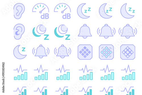 Icons representing sound levels, sleep patterns, and alerts arranged in a grid on a white background for use in various projects