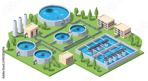 Isometric illustration of a modern wastewater treatment plant and facilities