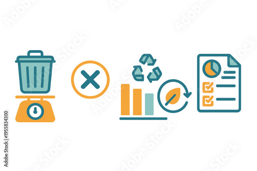 Icons show recycling, waste reduction, and tracking progress in sustainability goals for environmental awareness