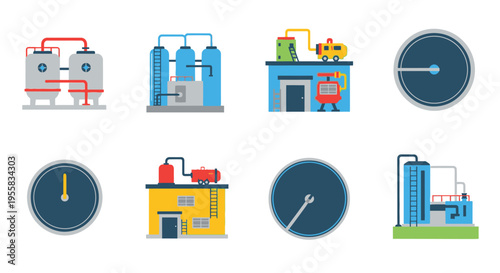 Industrial facility icons depicting tanks gauges and buildings