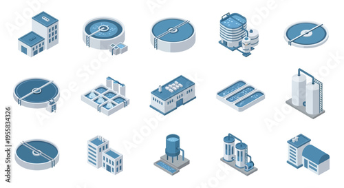 Isometric illustration of various water treatment and storage facilities