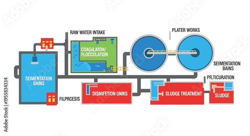 Diagram illustrating the stages of a typical water purification process flow