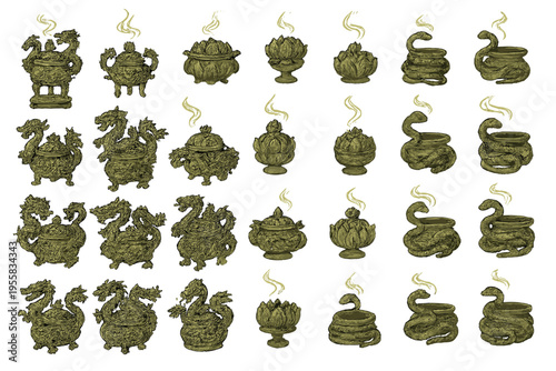 Different styles of incense burners with smoke rising, showing various shapes and designs in a simple arrangement