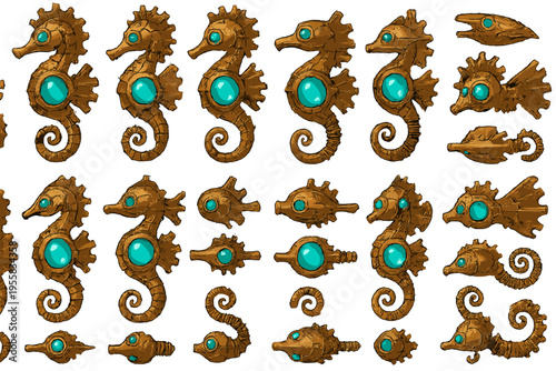Seahorse designs with blue gems arranged in rows for creative projects and artistic inspiration