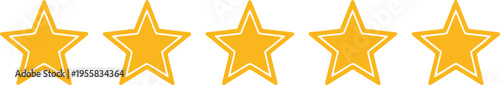A horizontal row of five bright yellow stars isolated against a clean and plain white background Vector