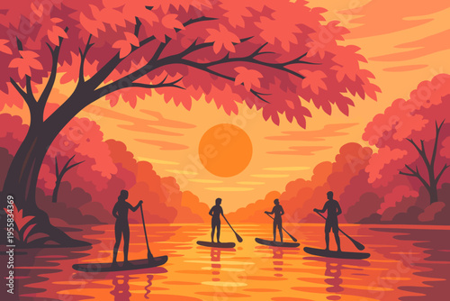 Paddle boarding at sunset on a calm river with orange and red tree leaves