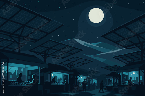 Night market under the moon with solar panels and people browsing stalls