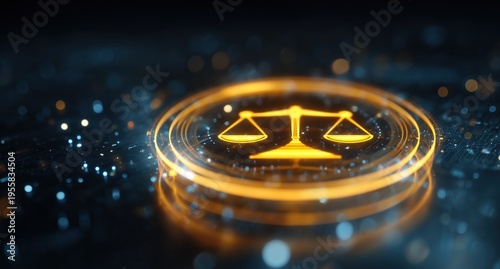 3d render of a glowing law icon on a digital background with a hologram effect and light effects, a justice symbol in the center of a circle Generative AI