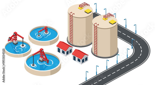 Isometric illustration of an industrial water treatment facility with storage tanks