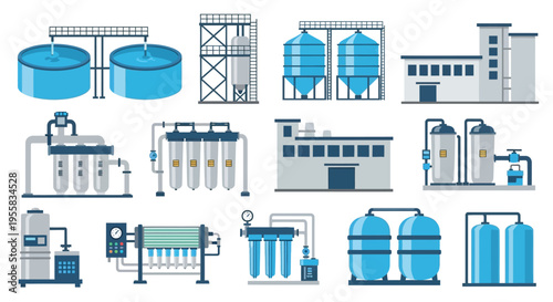 Industrial water treatment facility components and infrastructure illustrated in a vector style