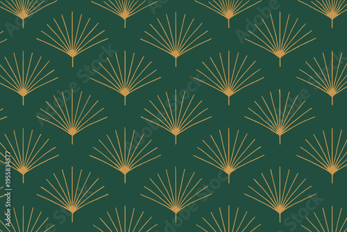 Pattern of fan shapes on green background with gold lines creating a repeating design for textile or wallpaper use