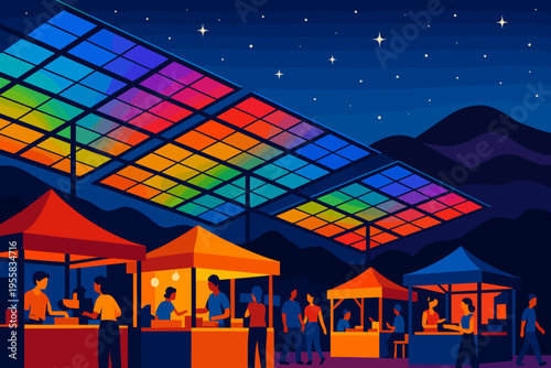Night market event shows colorful tents and visitors enjoying various activities under a night sky with stars