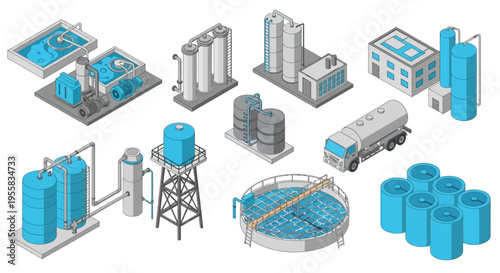 Isometric illustration of water treatment facilities and industrial storage systems
