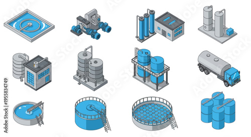 Isometric illustration of various industrial water treatment and storage facilities