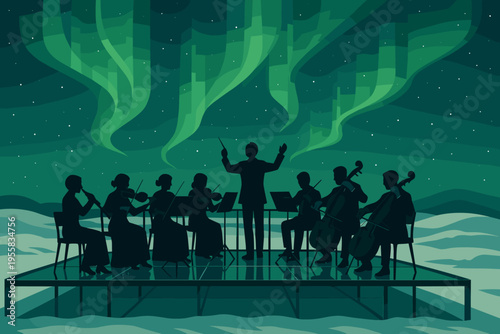 Musicians perform under the northern lights in a remote location at night with a clear sky