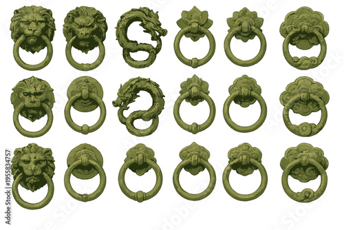 Different designs of door knockers show animals and floral shapes from a unique artwork collection