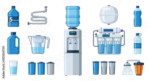 Various water filtration and dispensing systems arranged in a studio setting
