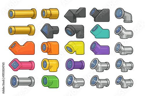 Colorful pipes and fittings arranged in a grid on a plain background