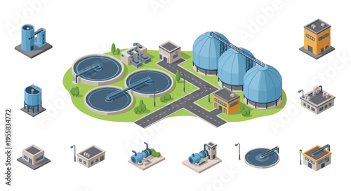 Isometric illustration of a modern water treatment and purification facility