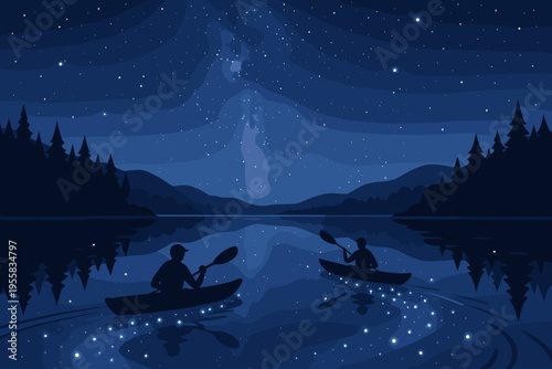 Two people paddle kayaks on a lake under a starry night sky as the Milky Way shines above the calm water