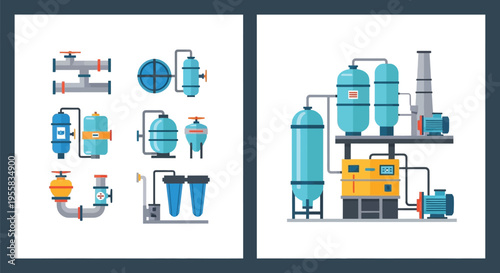 Industrial equipment and machinery icons in a flat vector style