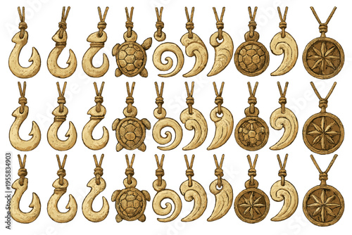 Collection of various pendants in different designs showing a turtle, waves, and hooks found at a craft market