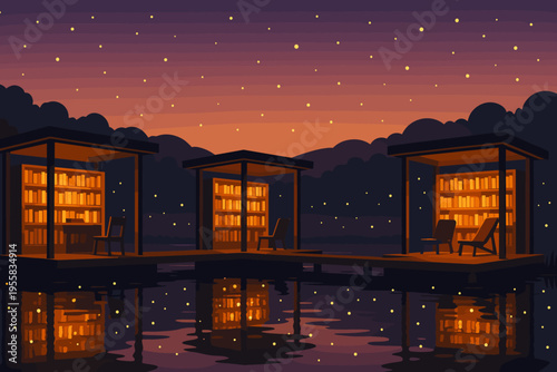 Books and reading spaces by the water at dusk with stars in the sky