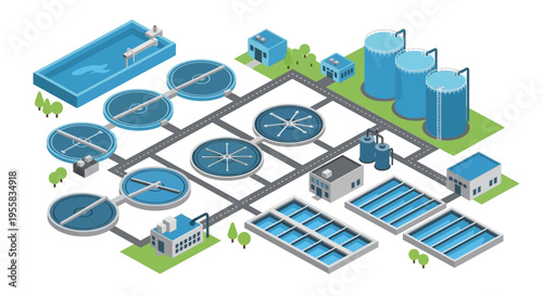 Isometric illustration of a modern water treatment and purification facility