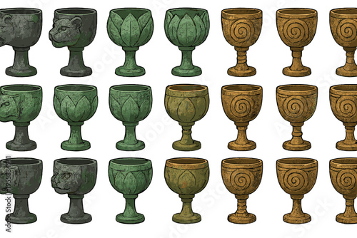 Different styles of goblets are shown in rows with unique designs and colors during a display at a craft market