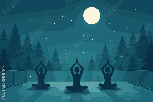 People practice yoga at night on a balcony under a full moon surrounded by trees