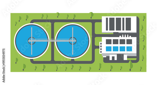 Aerial view of a water treatment plant with circular tanks and buildings