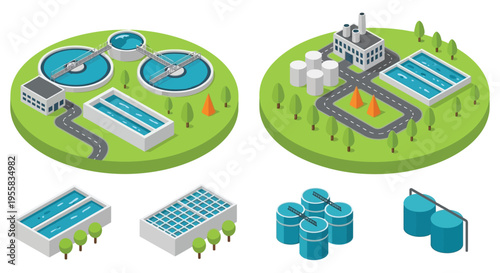 Isometric illustration of a water treatment plant and associated infrastructure