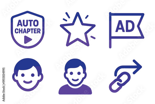 Variety of digital icons for video features such as auto chapter, ad, and links used in content creation and media sharing