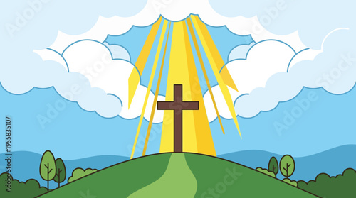 Cross on a hill with rays.
