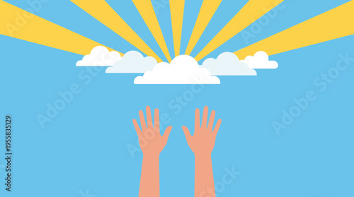 Hands reaching up towards sunny cloud.