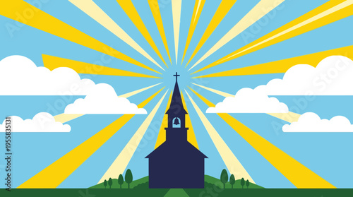 Dark silhouette of church steeple tower.