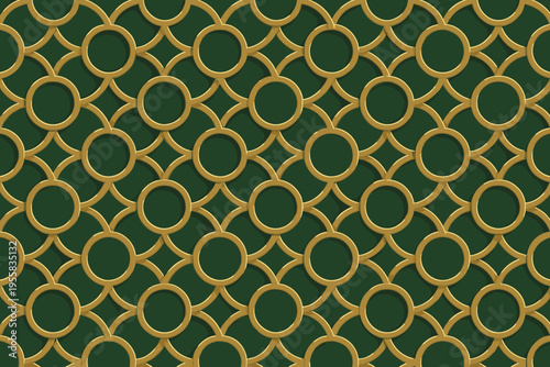 Pattern of gold circles on dark green background creates a modern design for interior spaces or art projects
