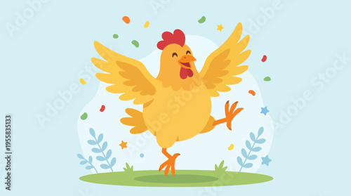 Happy cartoon chicken standing on grass.