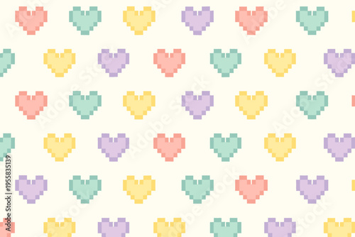 Colorful pixel hearts on a light background create a playful pattern for a design or craft project