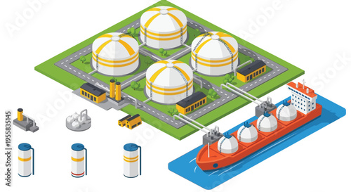 Isometric illustration of an oil refinery and tanker ship complex